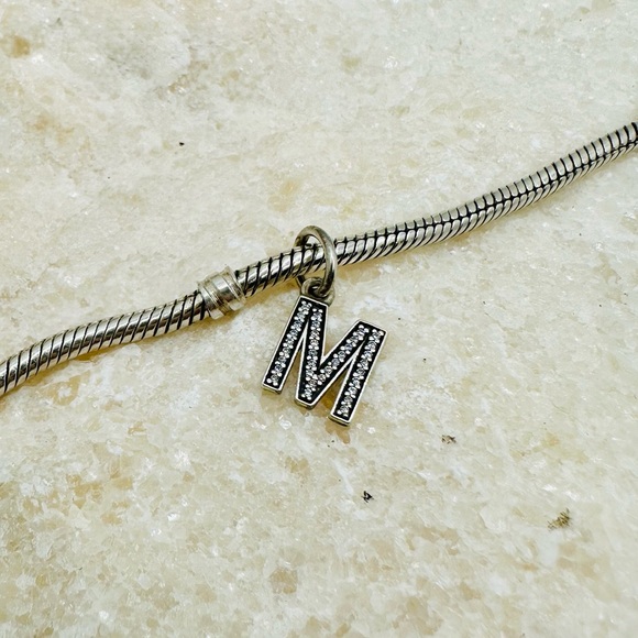 EUC Pandora 791325CZ Sterling Silver Alphabet Letter M Dangle Charm w/ Clear CZs - Picture 7 of 11
